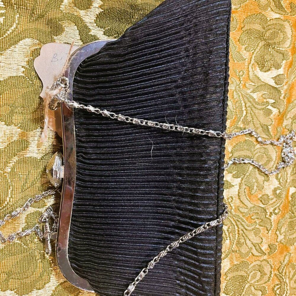 ✨ Vintage Bijoux Terner Black Satin Clutch – 13×22 cm, Long Chain